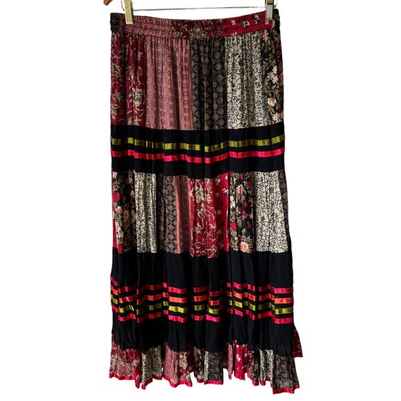 Sacred Threads Patchwork Ribbon Maxi Skirt One Size Elastic Waist Tie Lined Boho - Picture 2 of 16